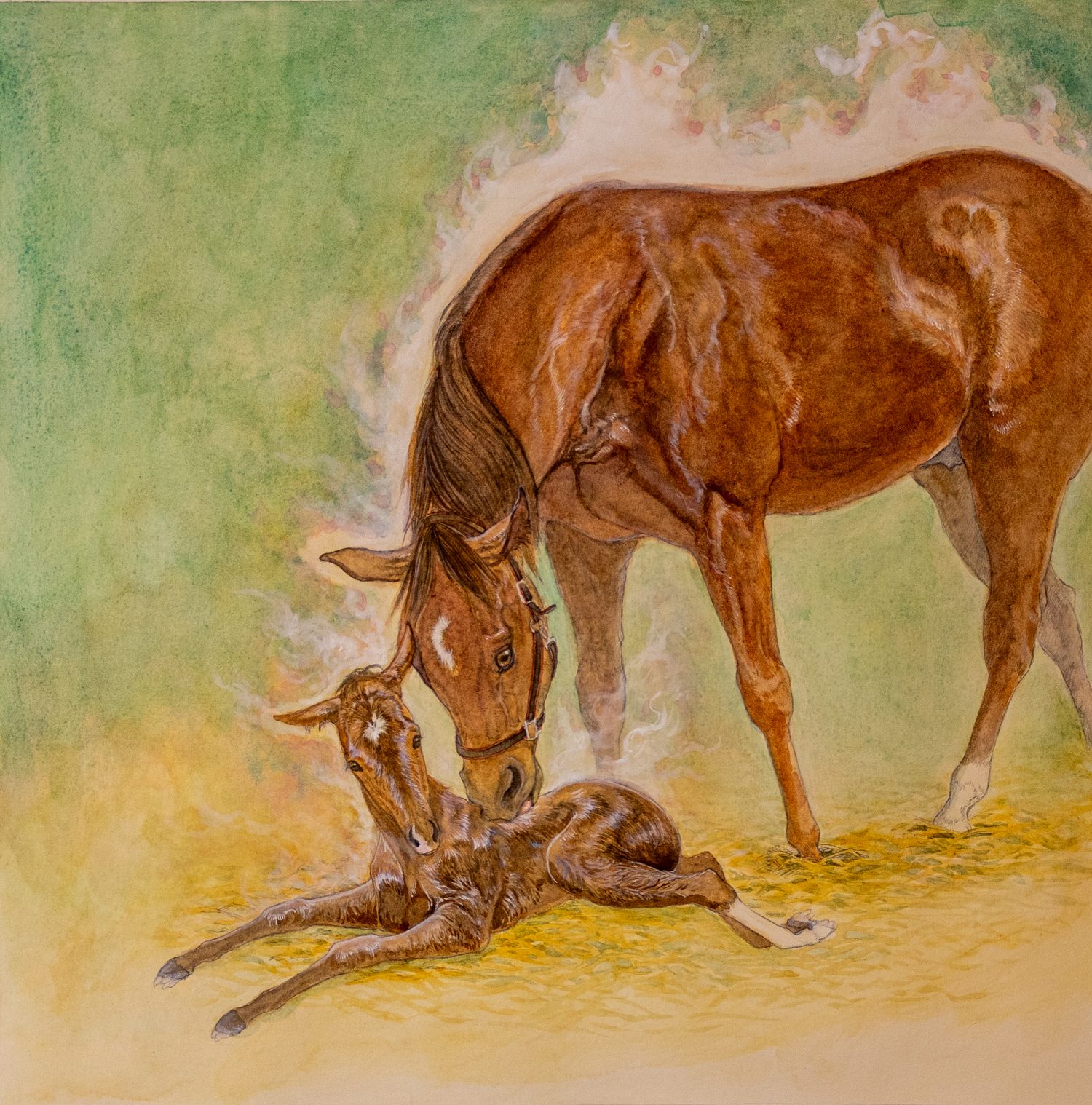 生まれたばかりの仔馬と、鼻先で触れる母馬を描いた水彩原画